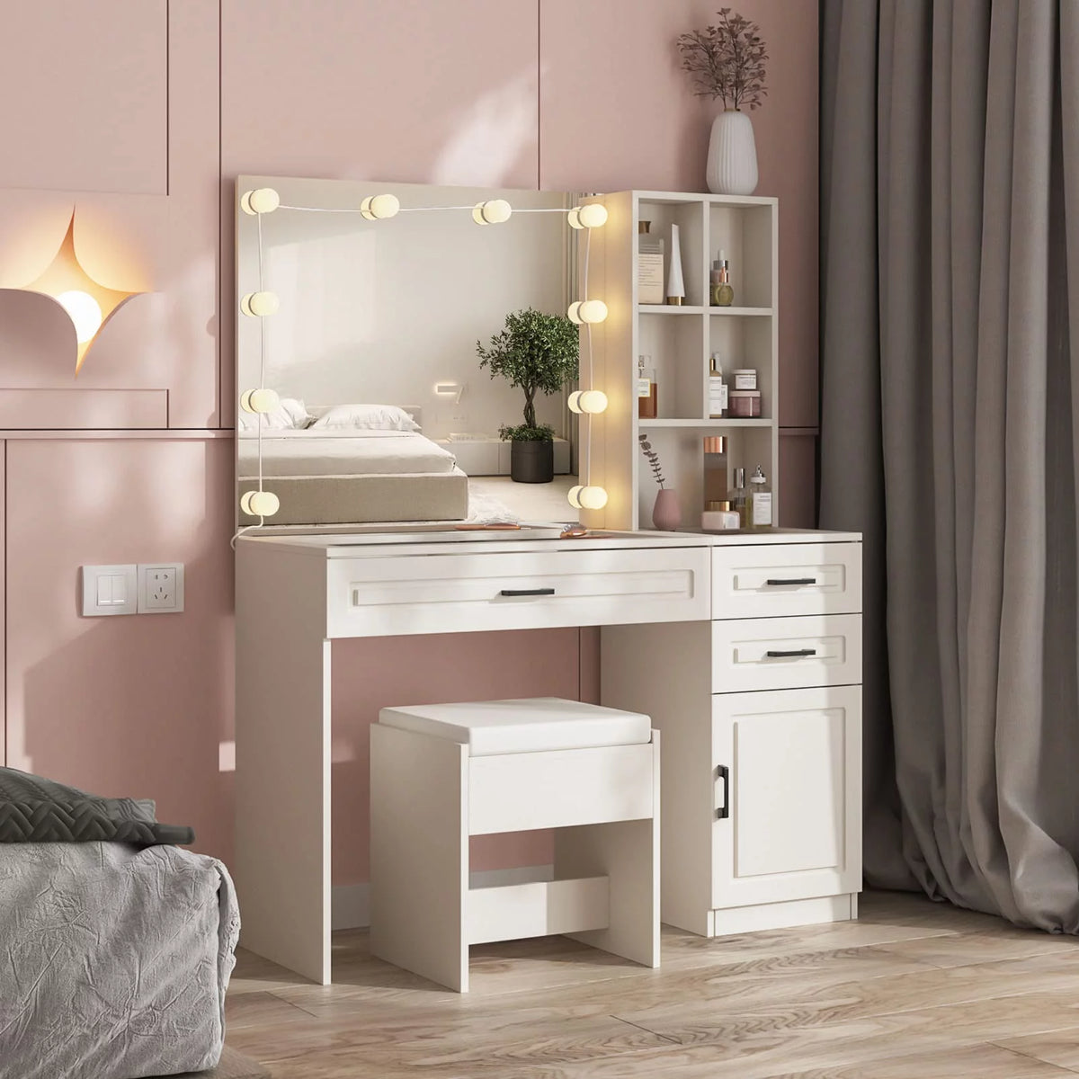 White 45in Vanity Desk Set with Lighted Mirror and Glass Desktop V9441