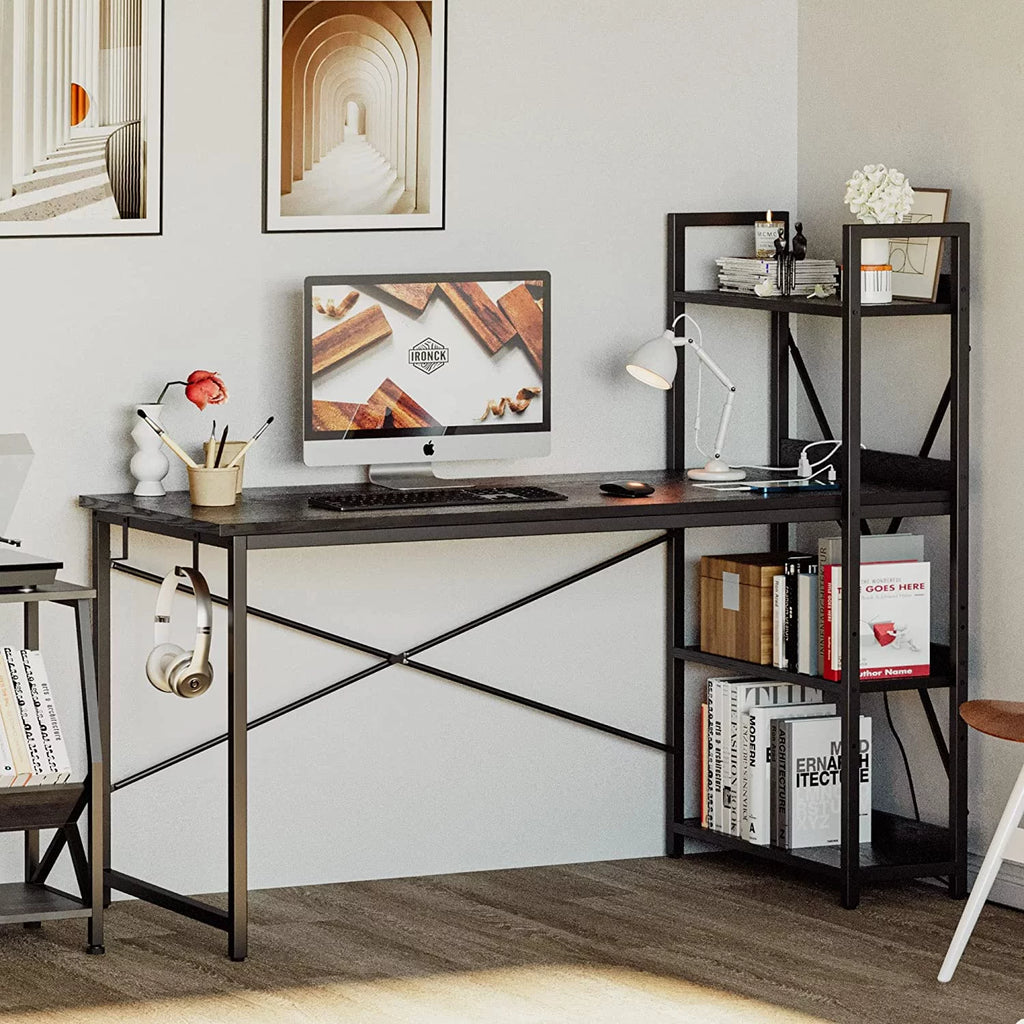 Black Computer Desk with Power Outlet and Storage Shelves J233