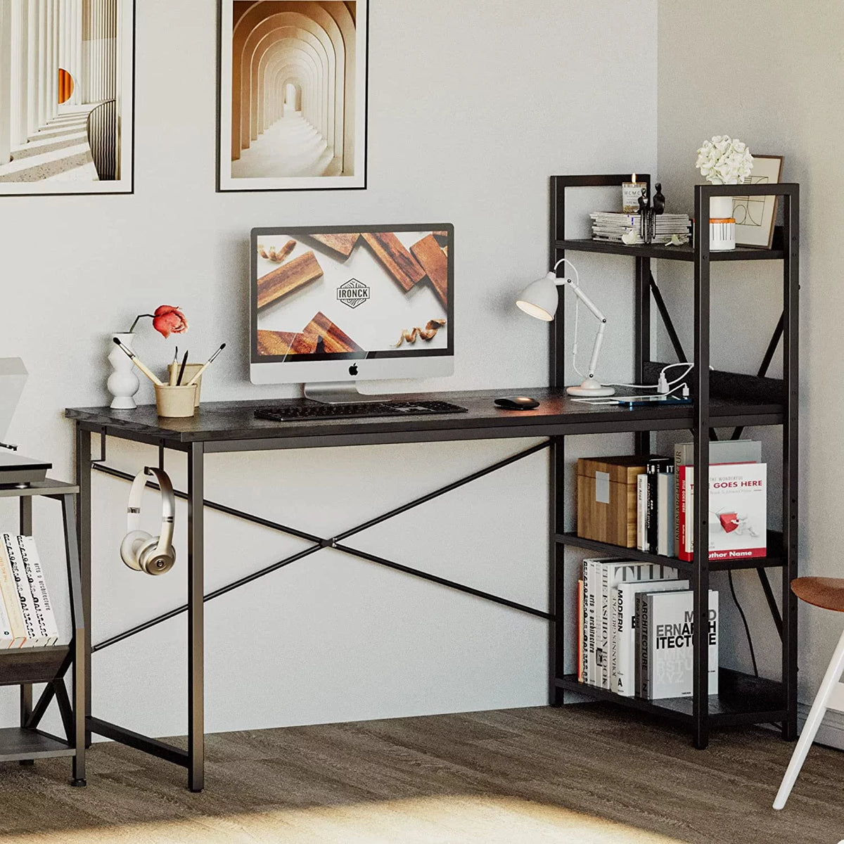 Black Computer Desk with Power Outlet and Storage Shelves J233