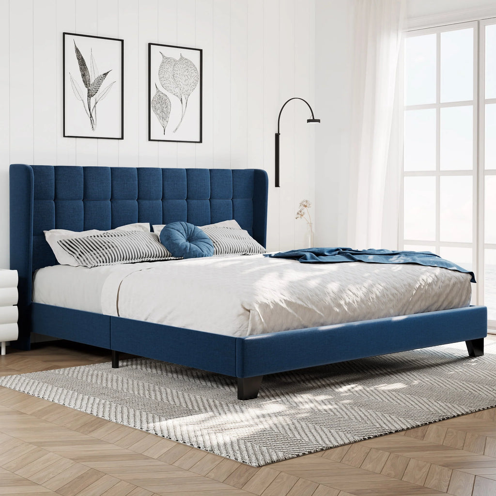 Queen Size Dark Grey Platform Bed with Wingback Headboard B49270