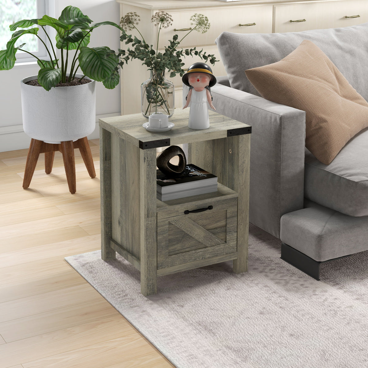 Set of 2 Gray Oak Side Table with Storage T2796