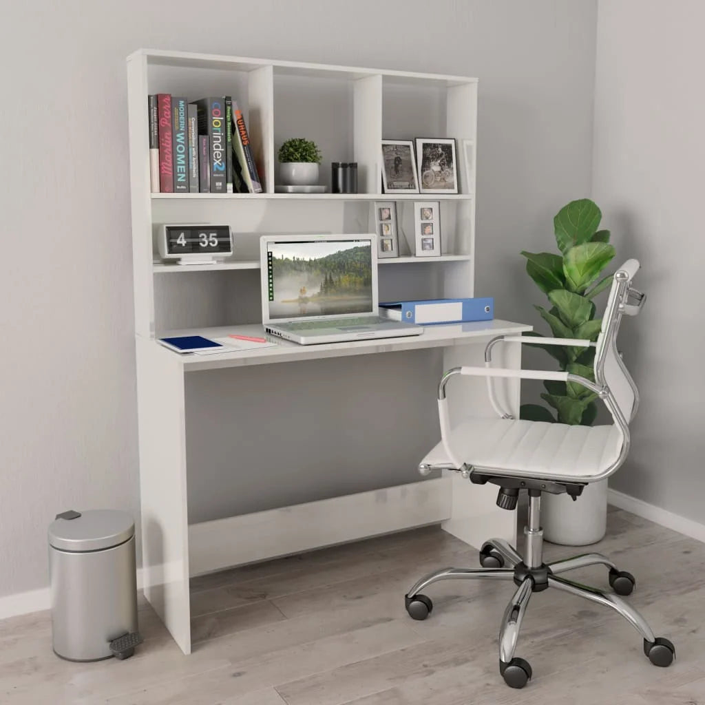 High Gloss White Engineered Wood Desk with Shelves D284
