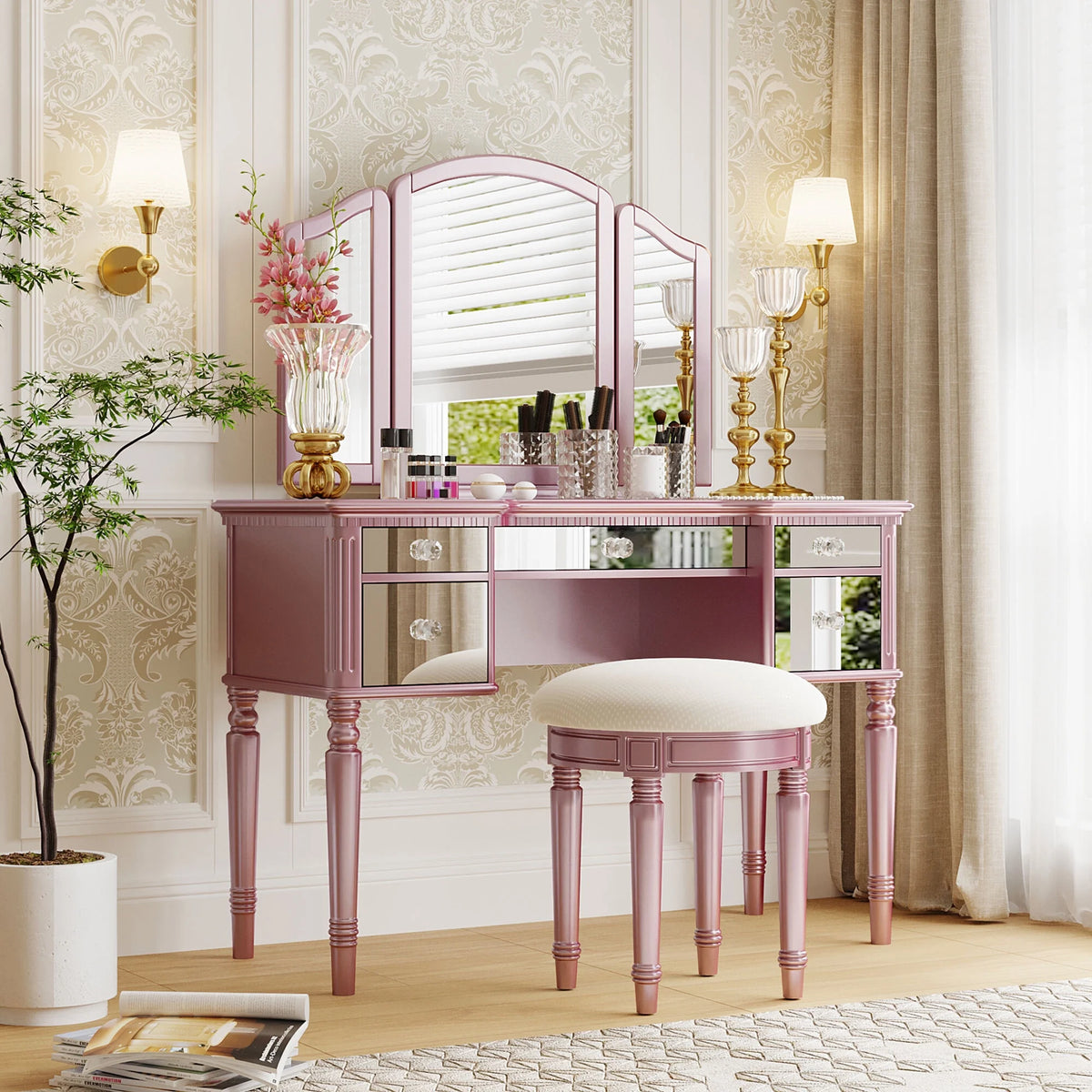 Pink Vanity Set with Tri-Fold Mirror and Stool N1093