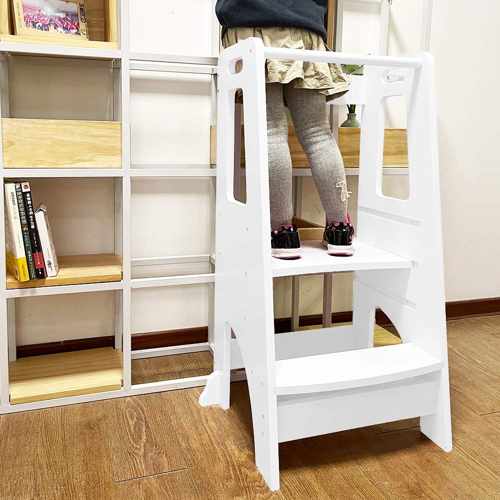 Adjustable Wooden Toddler Step Stool with Safety Handrail A346264