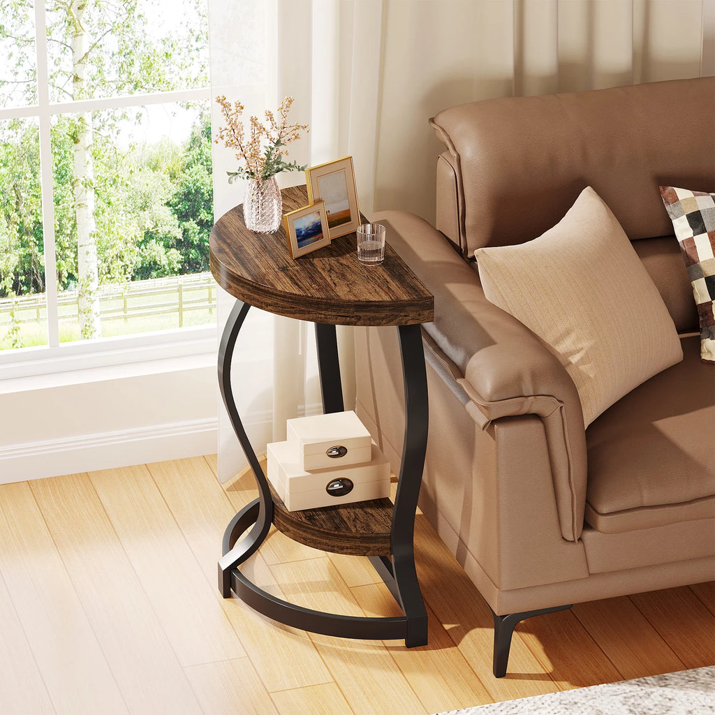 Half-Round 2-Tier Wooden Side Table with Metal Frame T847