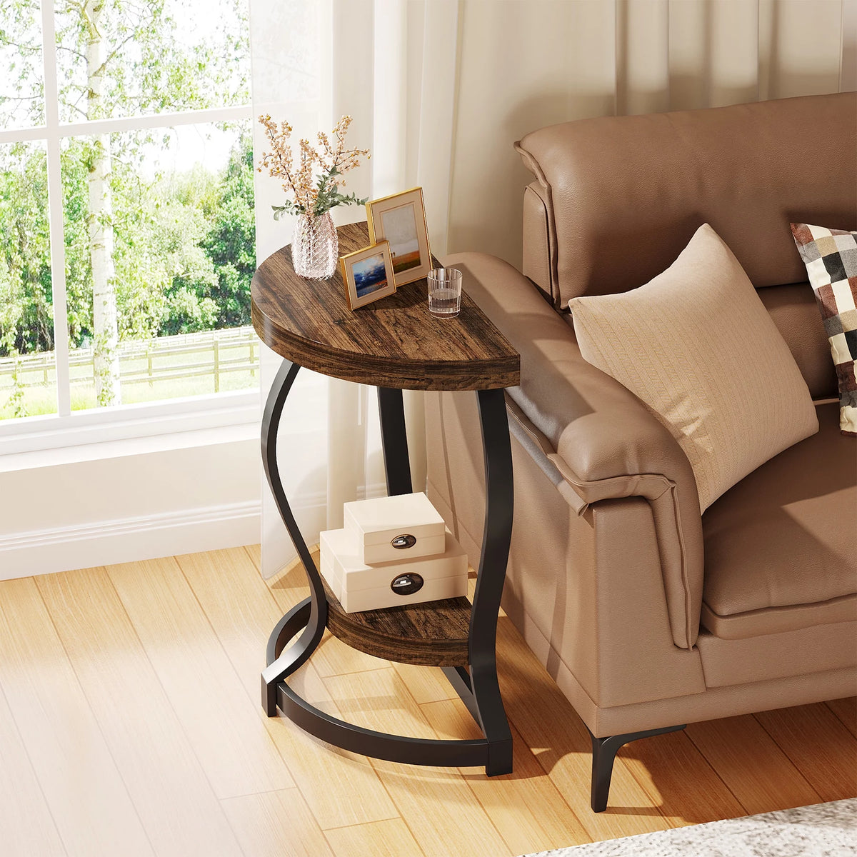 Half-Round 2-Tier Wooden Side Table with Metal Frame T847