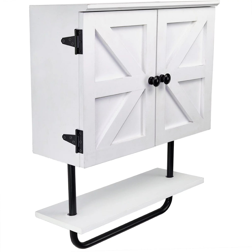 White Bathroom Wall Cabinet with Adjustable Shelf and Towel Bar D5310