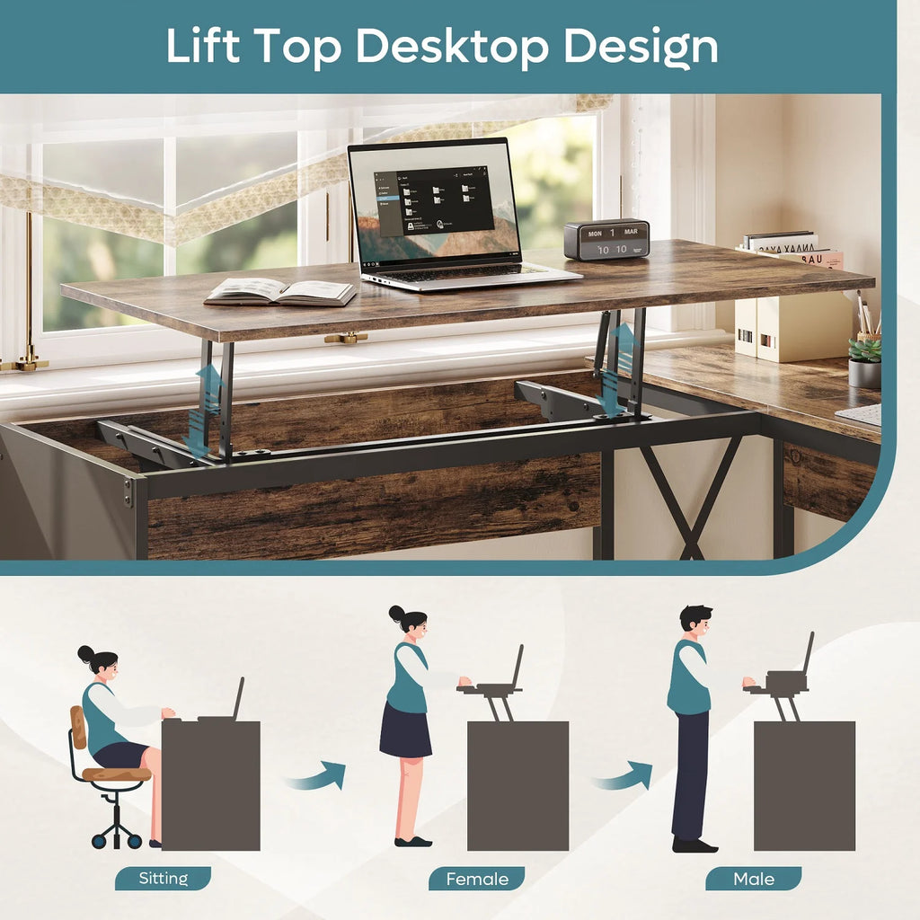 55 inch L-Shaped Lift Top Computer Desk with Storage B4391
