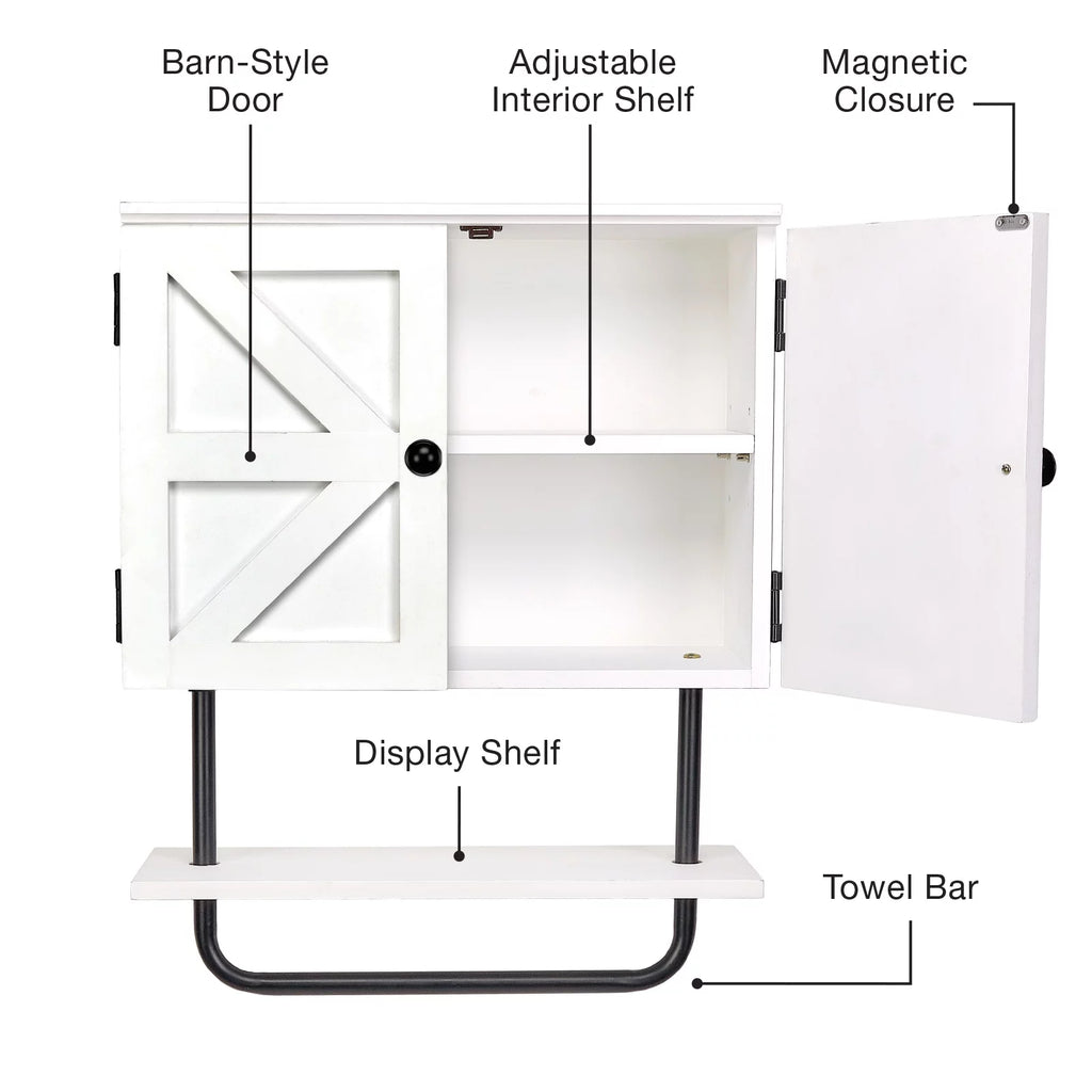 White Bathroom Wall Cabinet with Adjustable Shelf and Towel Bar D5310