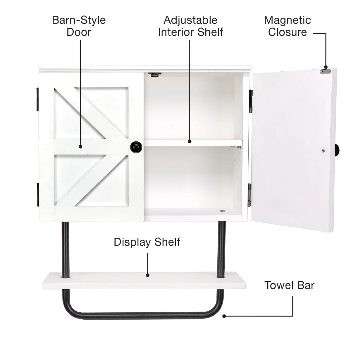 White Bathroom Wall Cabinet with Adjustable Shelf and Towel Bar D5310