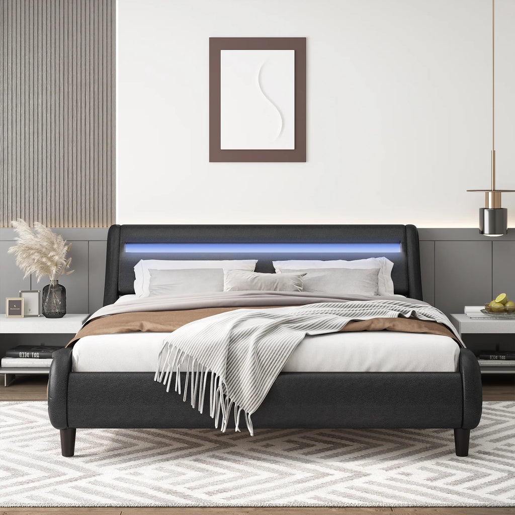 Queen Size Black PU Upholstered Platform Bed Frame with Adjustable Headboard C934031