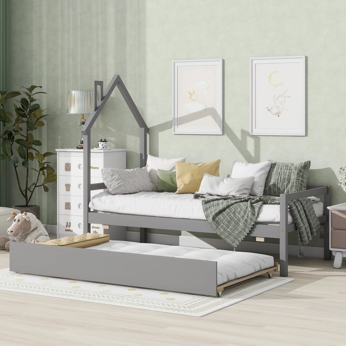 Wooden Twin Size Platform Bed with Trundle and House-Shaped Headboard Gray O24507