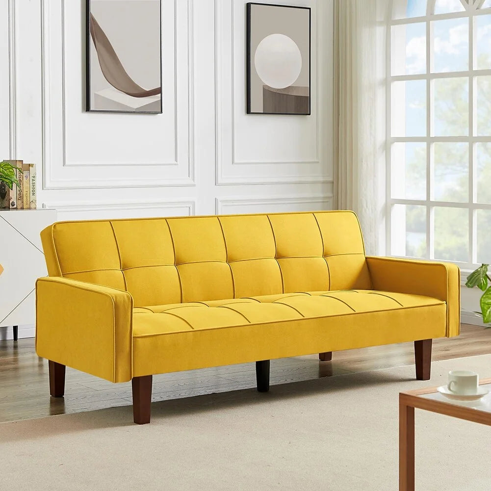 Yellow Linen Upholstered Sofa Bed with Solid Wood Feet Y32095
