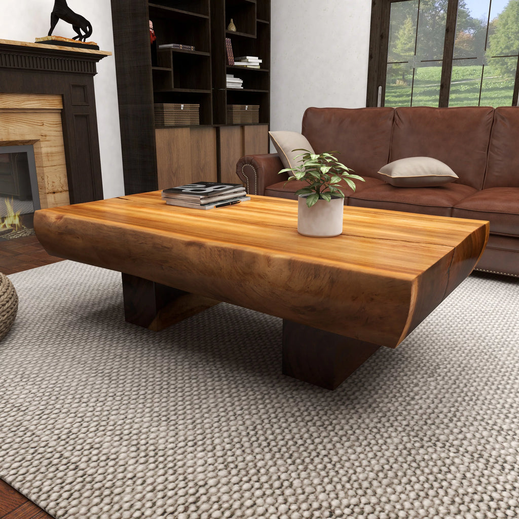 Brown Wood Live Edge Coffee Table with Block Style Base H630455