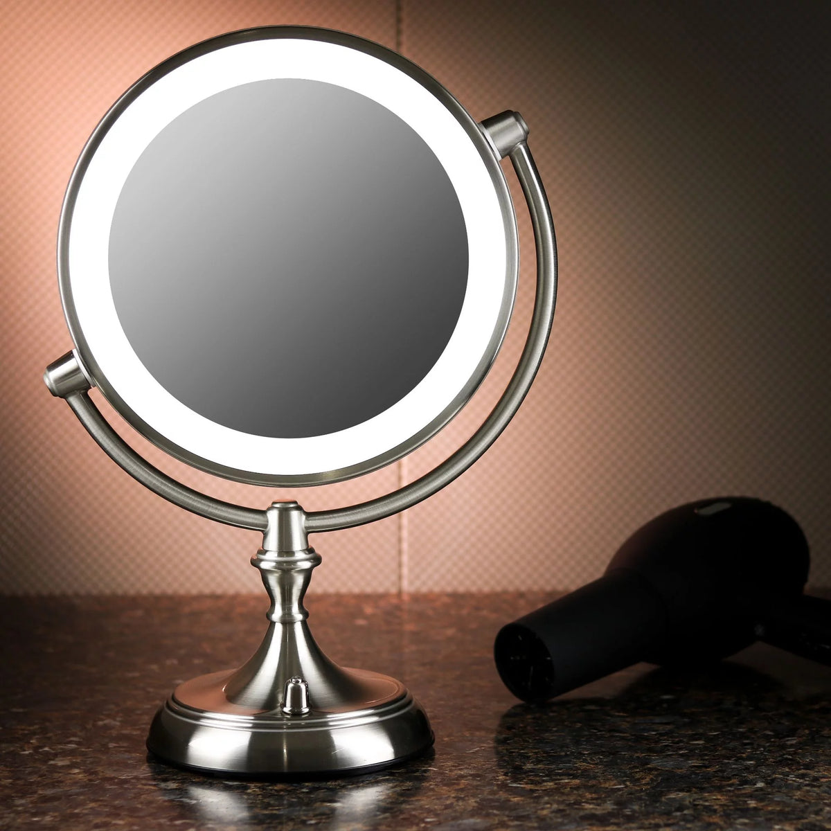 Lighted Makeup Mirror 9.5 Inch 1X 5X Magnifier Dimmable 360 Degree Double Sided LED Acrylic Edge Battery USB Powered Vanity U167052