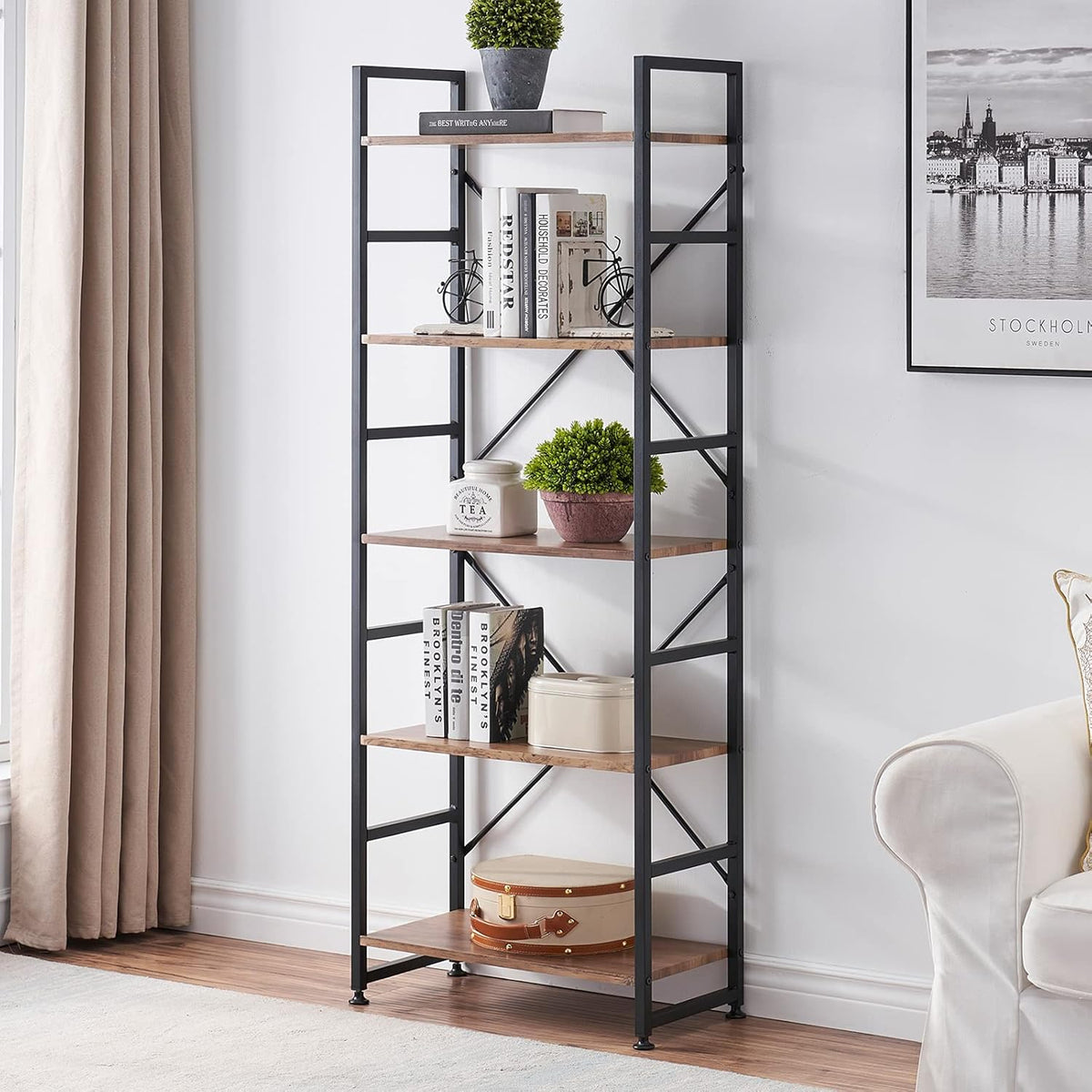 5 Tier Wood Bookshelf with Metal Frame Q19295