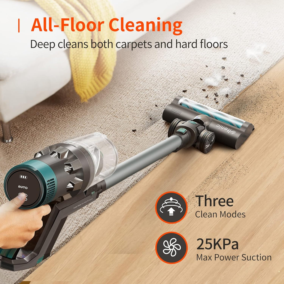 Cordless Vacuum Cleaner, 25KPa Strong Suction, 4 in 1 Stick Vacuum E179
