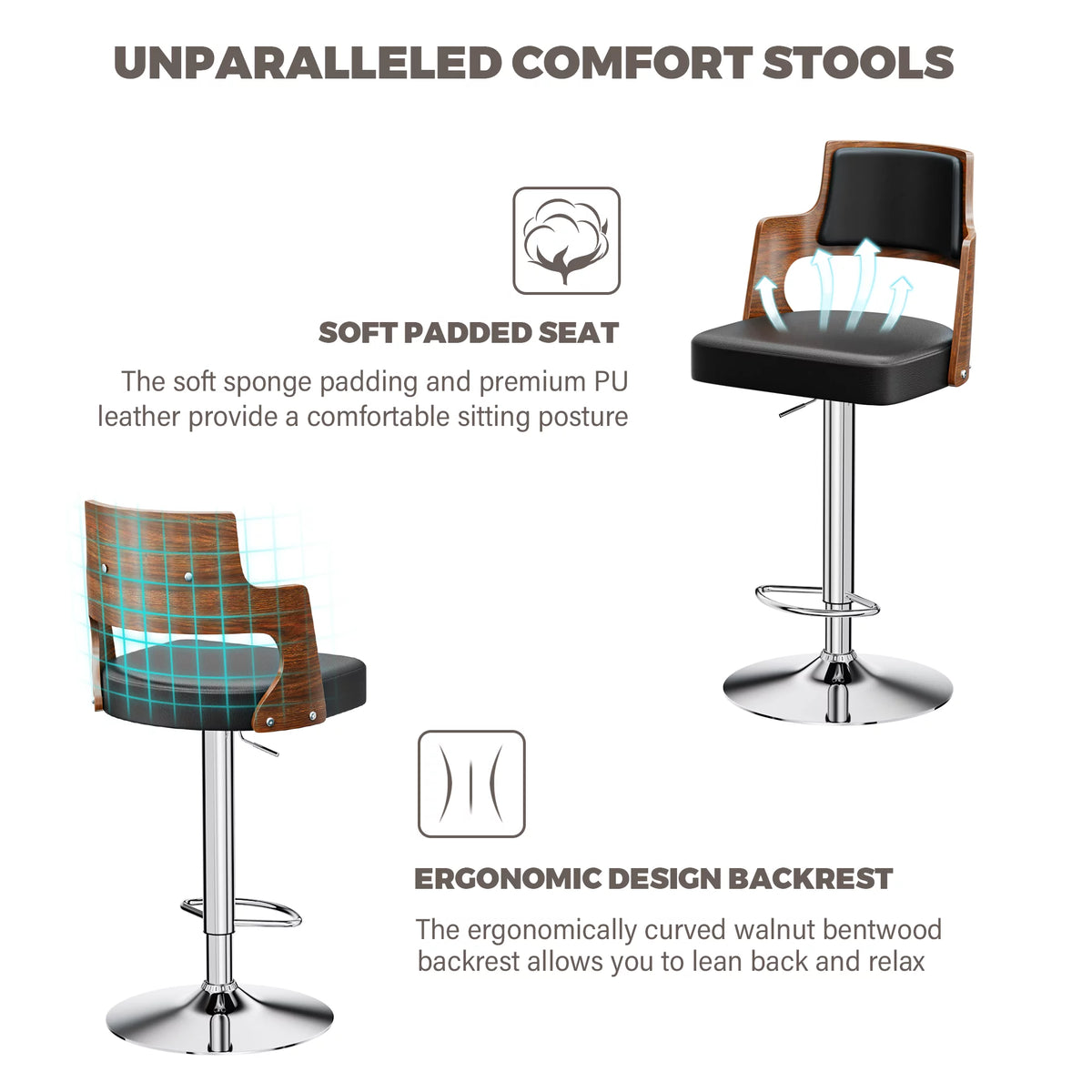 Walnut Bentwood Adjustable Swivel Bar Stools Set of 2 E566