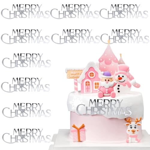10Pcs Christmas Cake Toppers Acrylic Mirror Gold Silver X8137