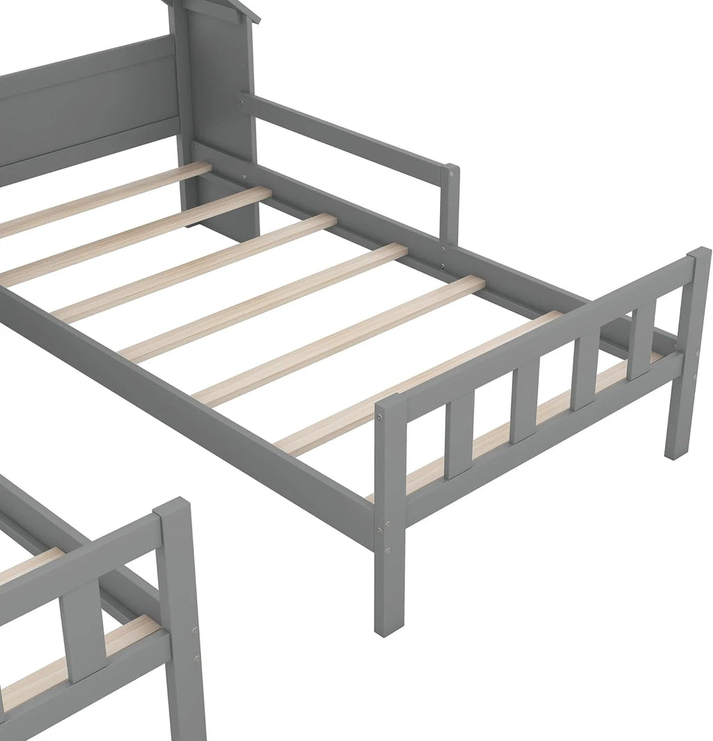 Double Size Platform Bed with House-Shaped Headboard and Built-In Nightstand, Grey H71530