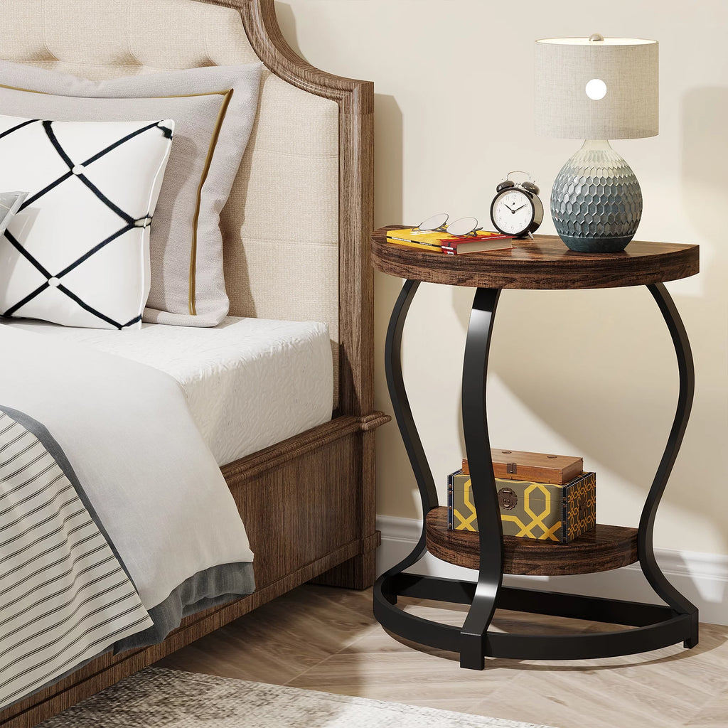Half-Round 2-Tier Wooden Side Table with Metal Frame T847