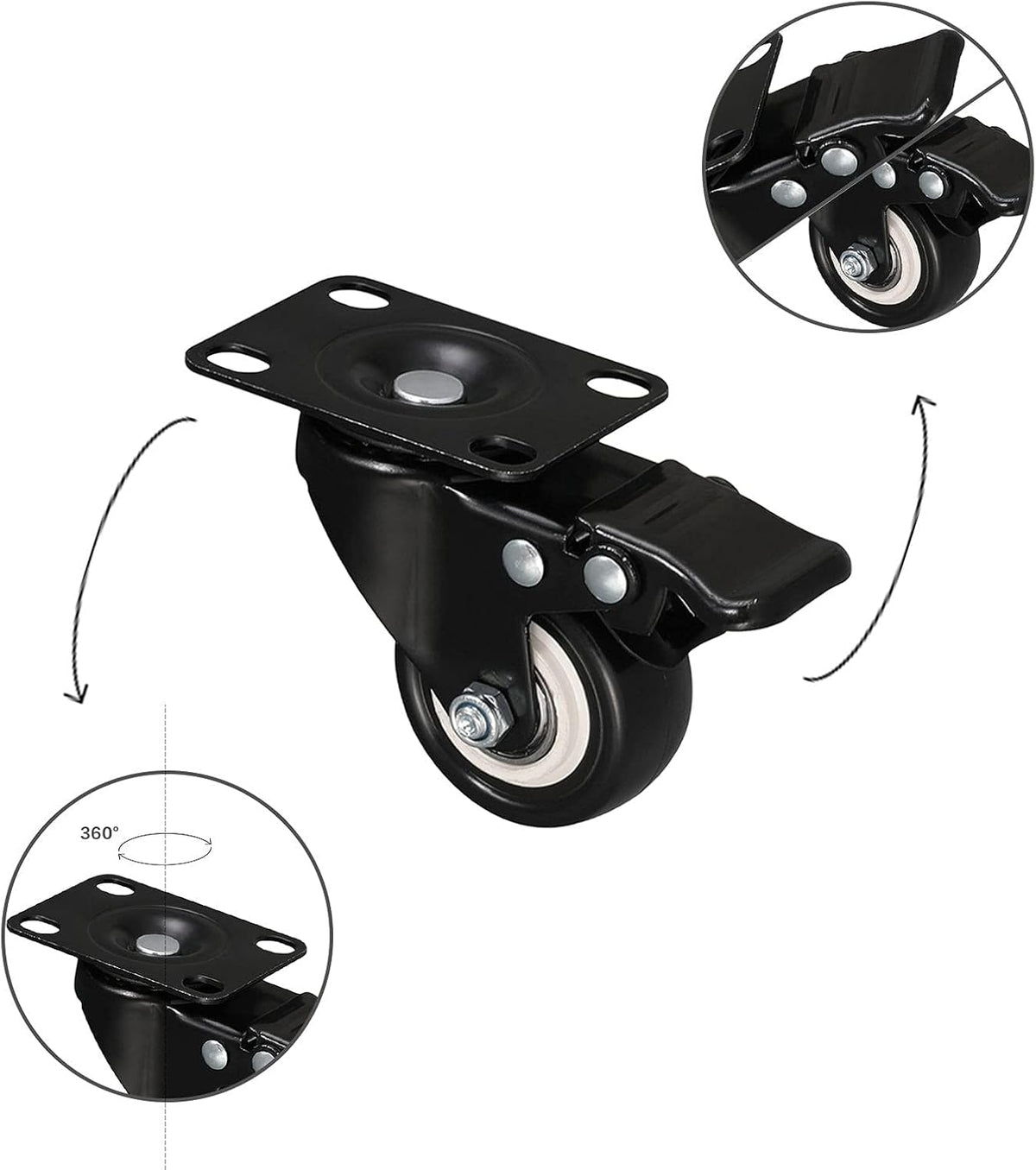 Black 2 inch Swivel Casters Set of 4 with Safety Brake T16351