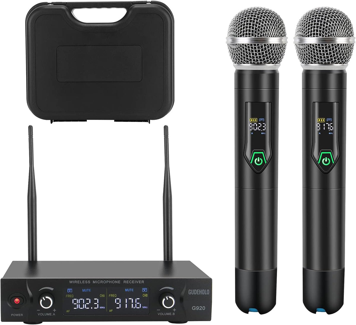 Wireless Microphone System with Case Metal UHF Dual Handheld 20 Channels Black U113