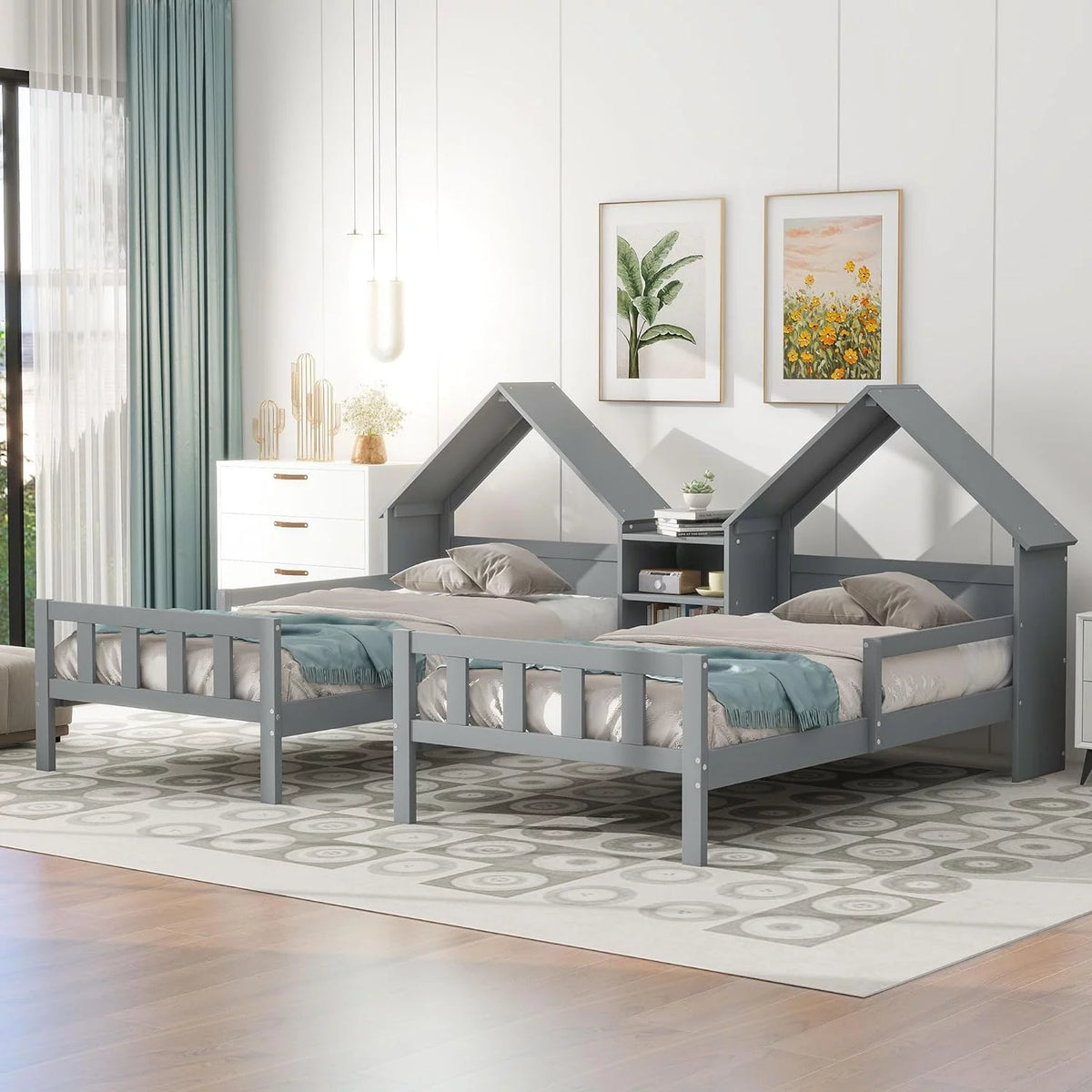 Double Size Platform Bed with House-Shaped Headboard and Built-In Nightstand, Grey H71530