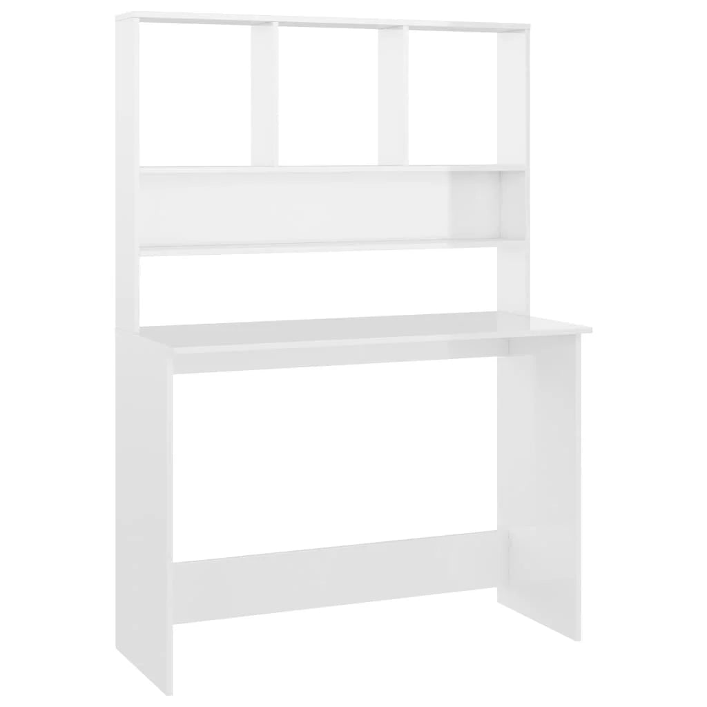 High Gloss White Engineered Wood Desk with Shelves D284