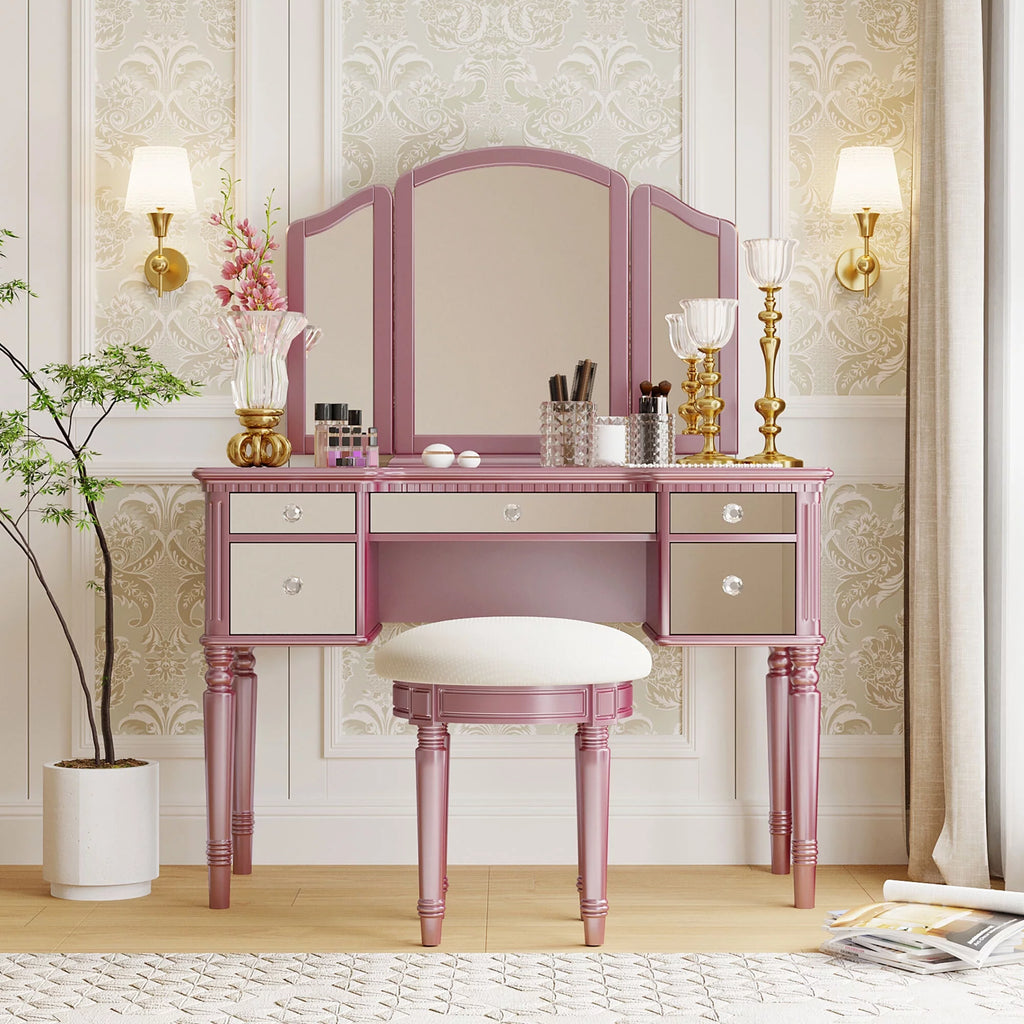 Pink Vanity Set with Tri-Fold Mirror and Stool N1093