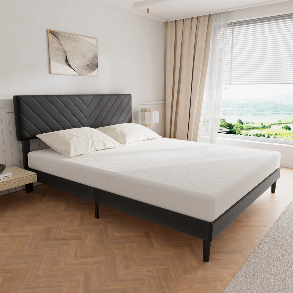 Grey Upholstered Queen Size Platform Bed Frame with Adjustable Headboard X15437