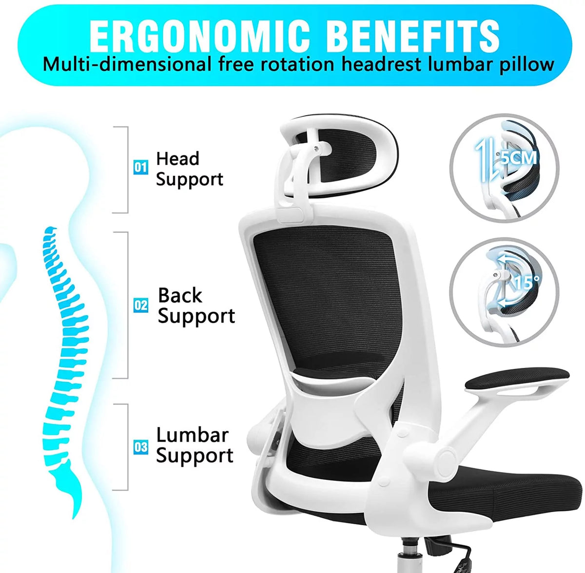 White Ergonomic Office Chair with Headrest and Flip-up Arms Y11703