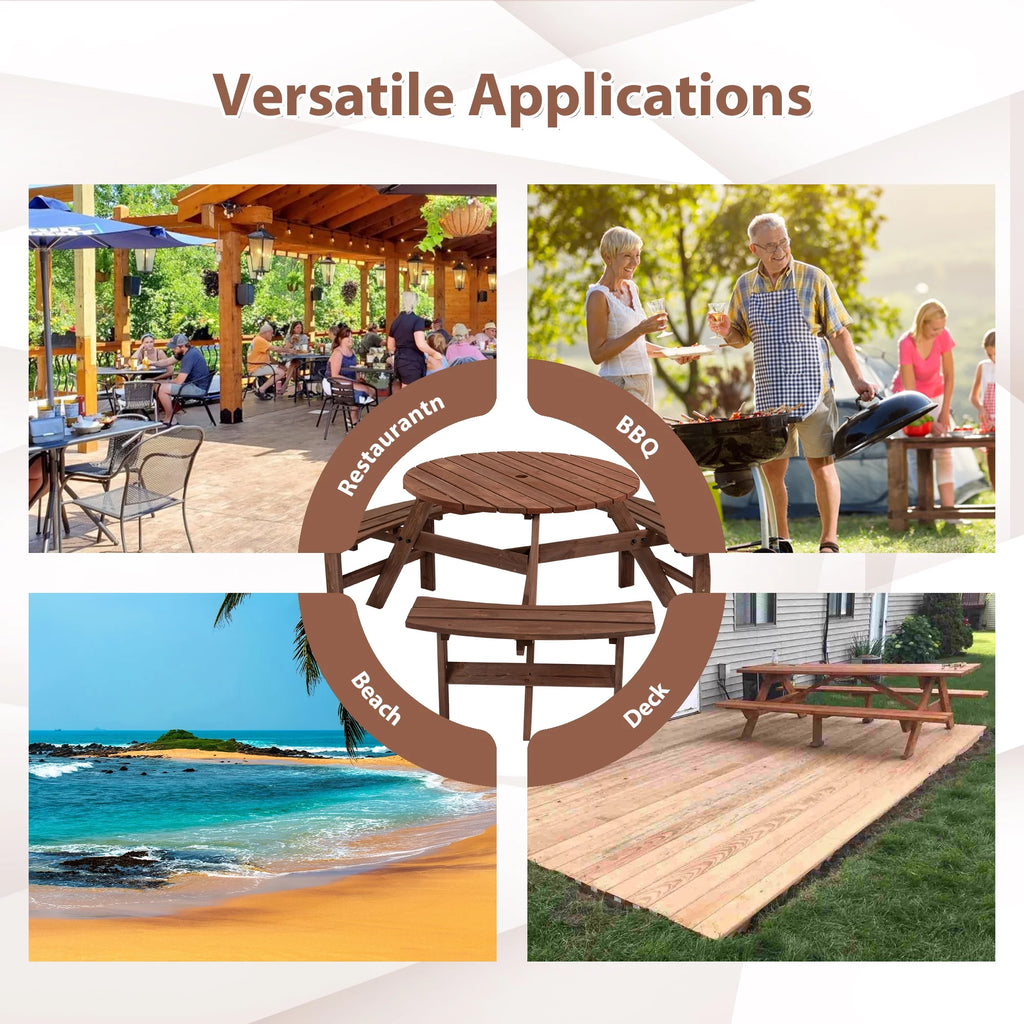 6-Person Circular Wooden Picnic Table with 3 Built-in Benches W282