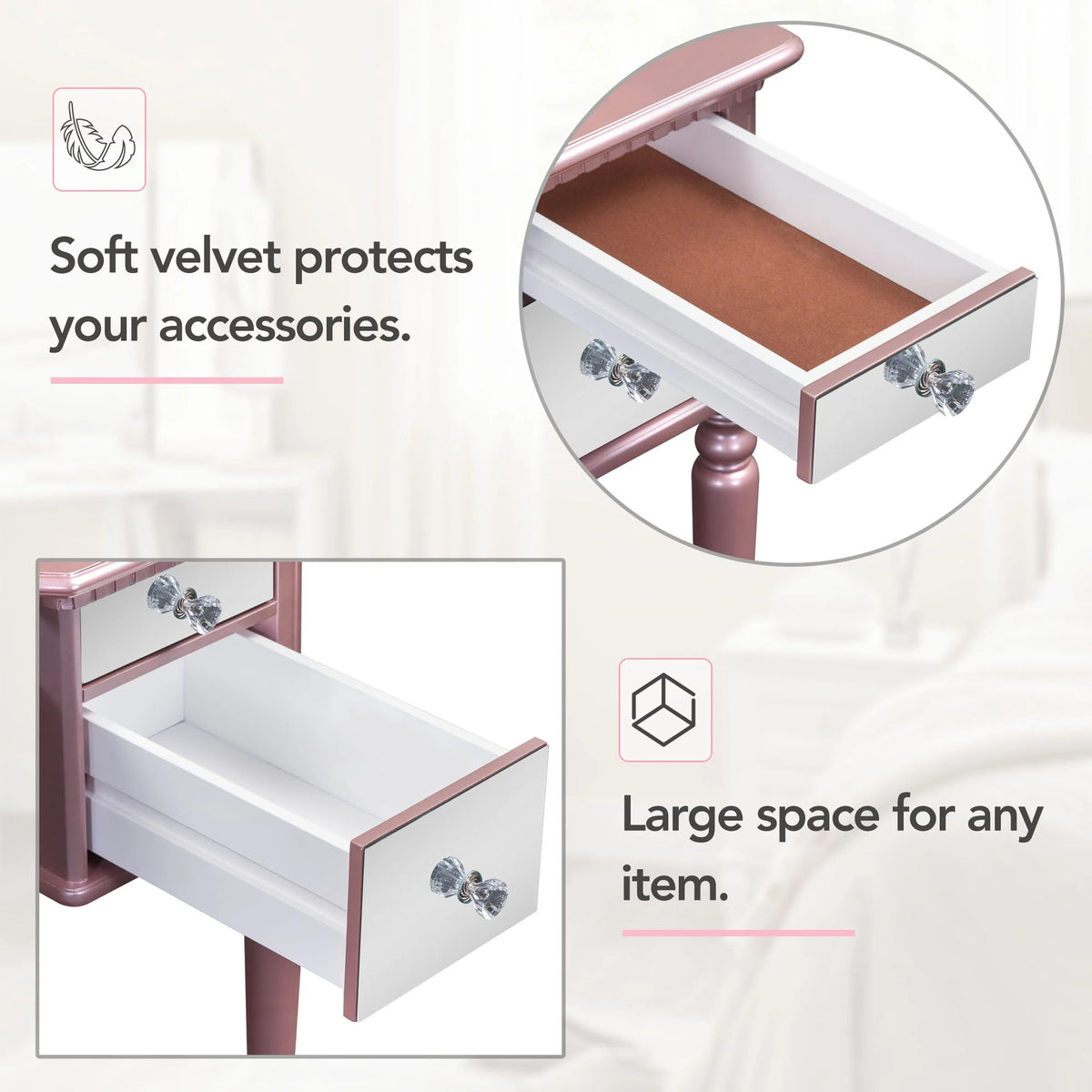 Pink Vanity Set with Tri-Fold Mirror and Stool N1093