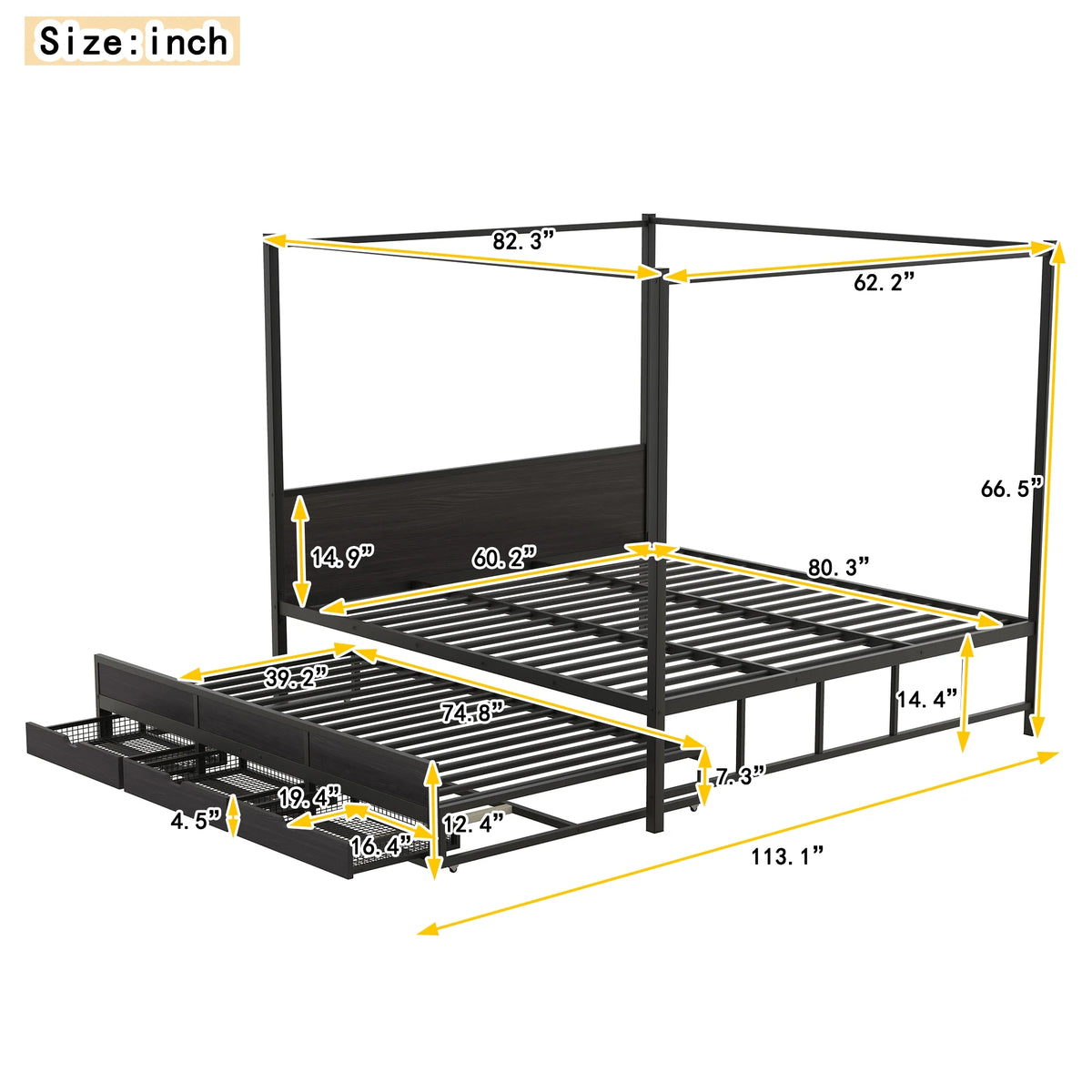 Queen Size Black Metal Canopy Platform Bed with Trundle and 3 Storage Drawers T43864