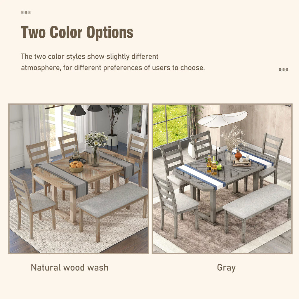 6 Piece Wood Dining Table Set with Bench and 4 Cushioned Chairs X23370