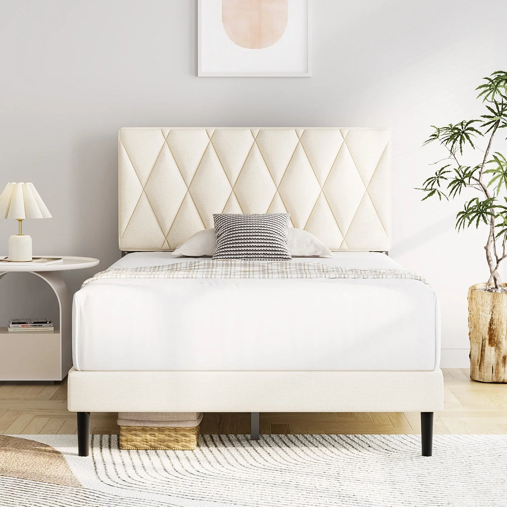 Queen Size Platform Bed with Upholstered Headboard Y873