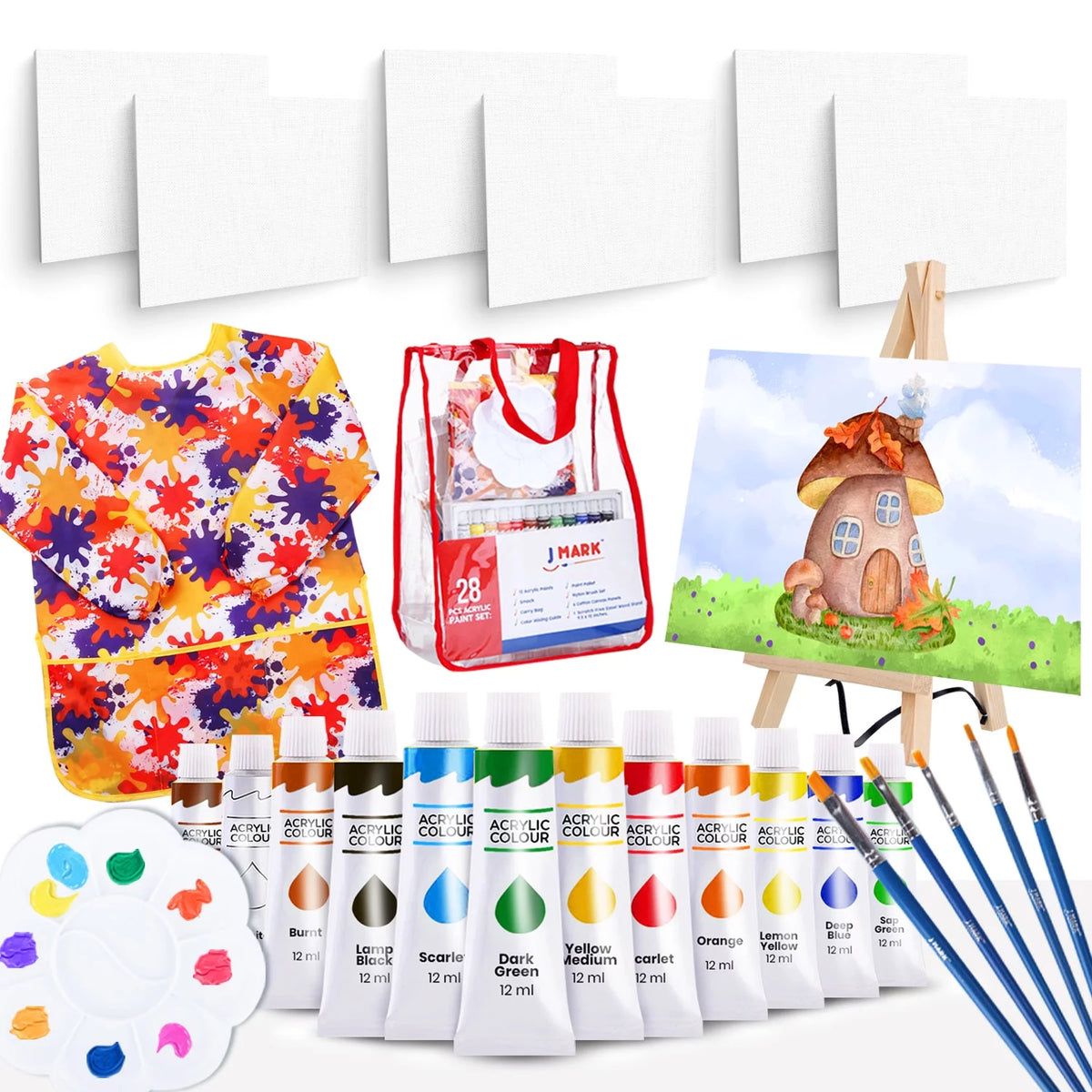 Acrylic Painting Kit with Storage Bag, Non Toxic Washable Paints, Wood Easel, Canvases, Brushes G370