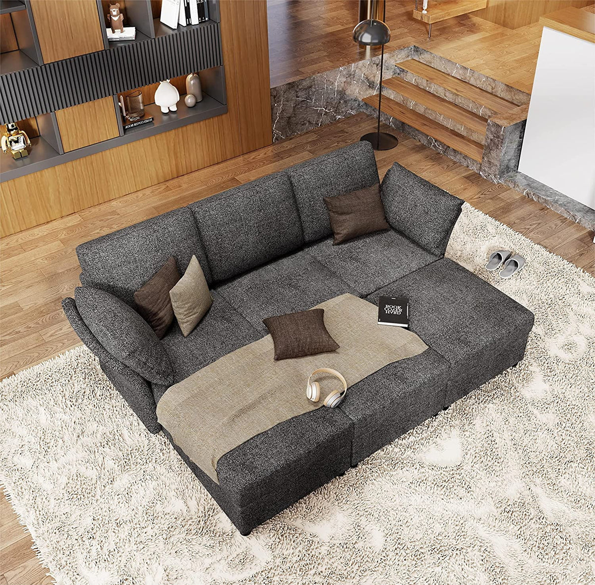 Dark Grey 6 Seat U-Shape Sectional Sofa with Ottomans R609