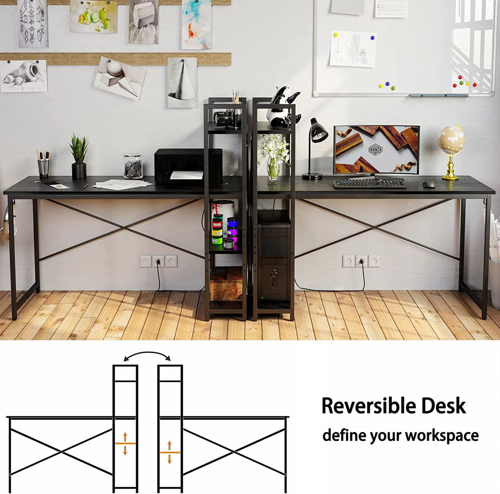 Black Computer Desk with Power Outlet and Storage Shelves J233