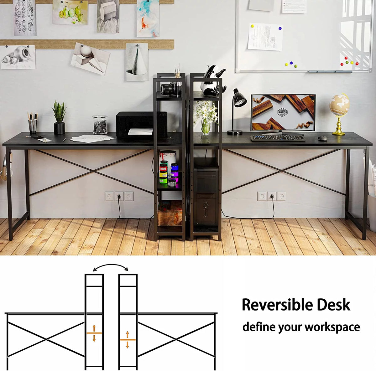 Black Computer Desk with Power Outlet and Storage Shelves J233