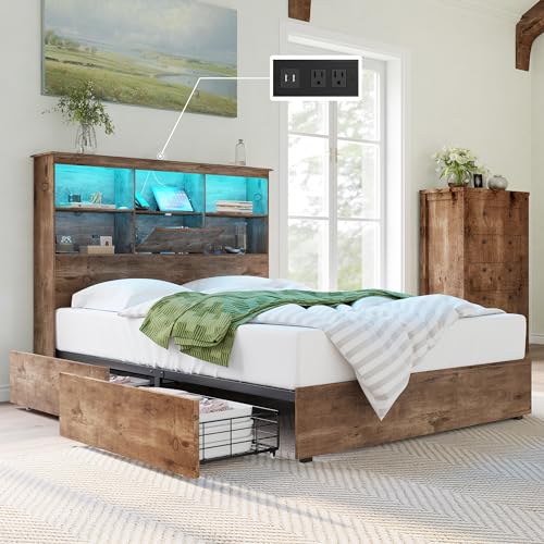 King Size Wooden Platform Bed with Storage Headboard and 4 Drawers M97082