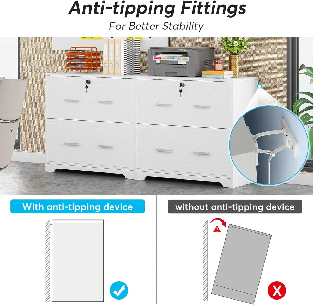 White 2 Drawer Lateral Filing Cabinet with Lock B647853
