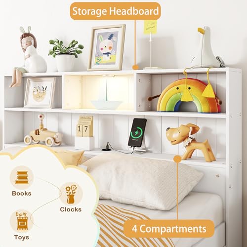 White Twin Size Platform Bed with Bookcase Headboard and 2 Storage Drawers Q7507