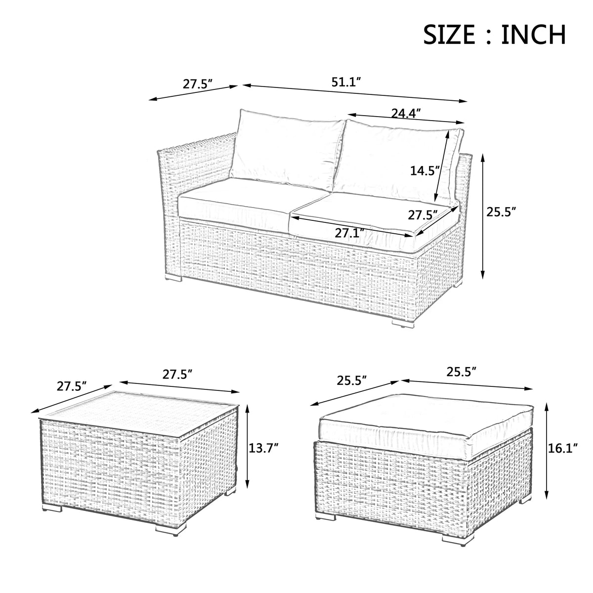 4 Piece All Weather Wicker Rattan Patio Sofa Set with Cushion and Glass Table L467078