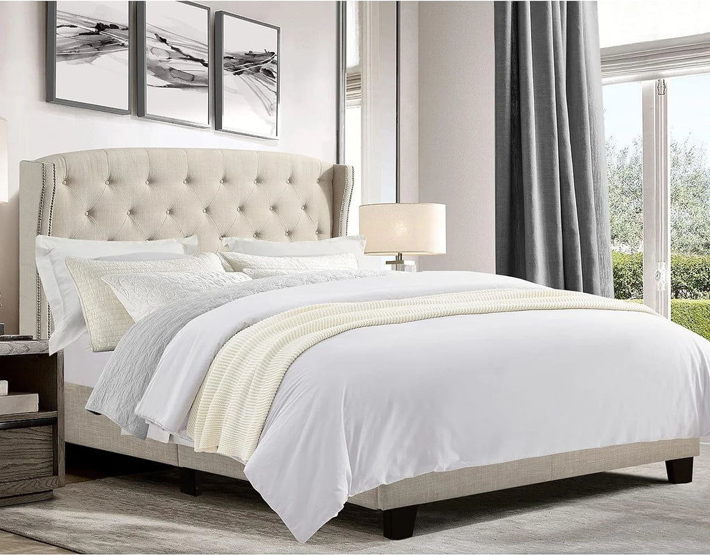 Beige Upholstered Platform Bed Frame with Wingback Headboard T275