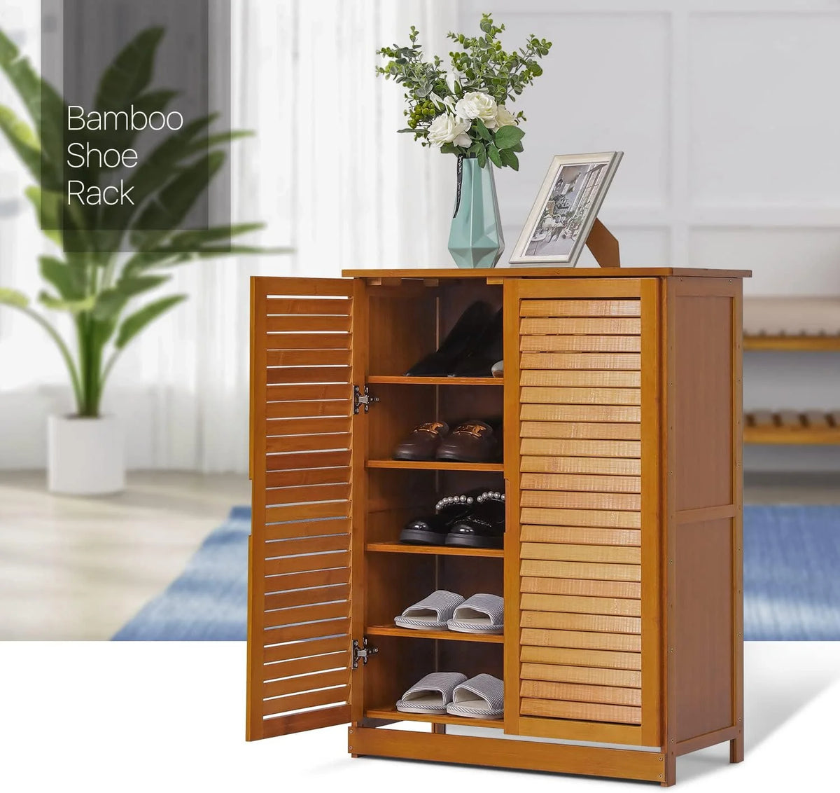 Brown 5 Tier Bamboo Shoe Storage Cabinet with Shutter Doors R825