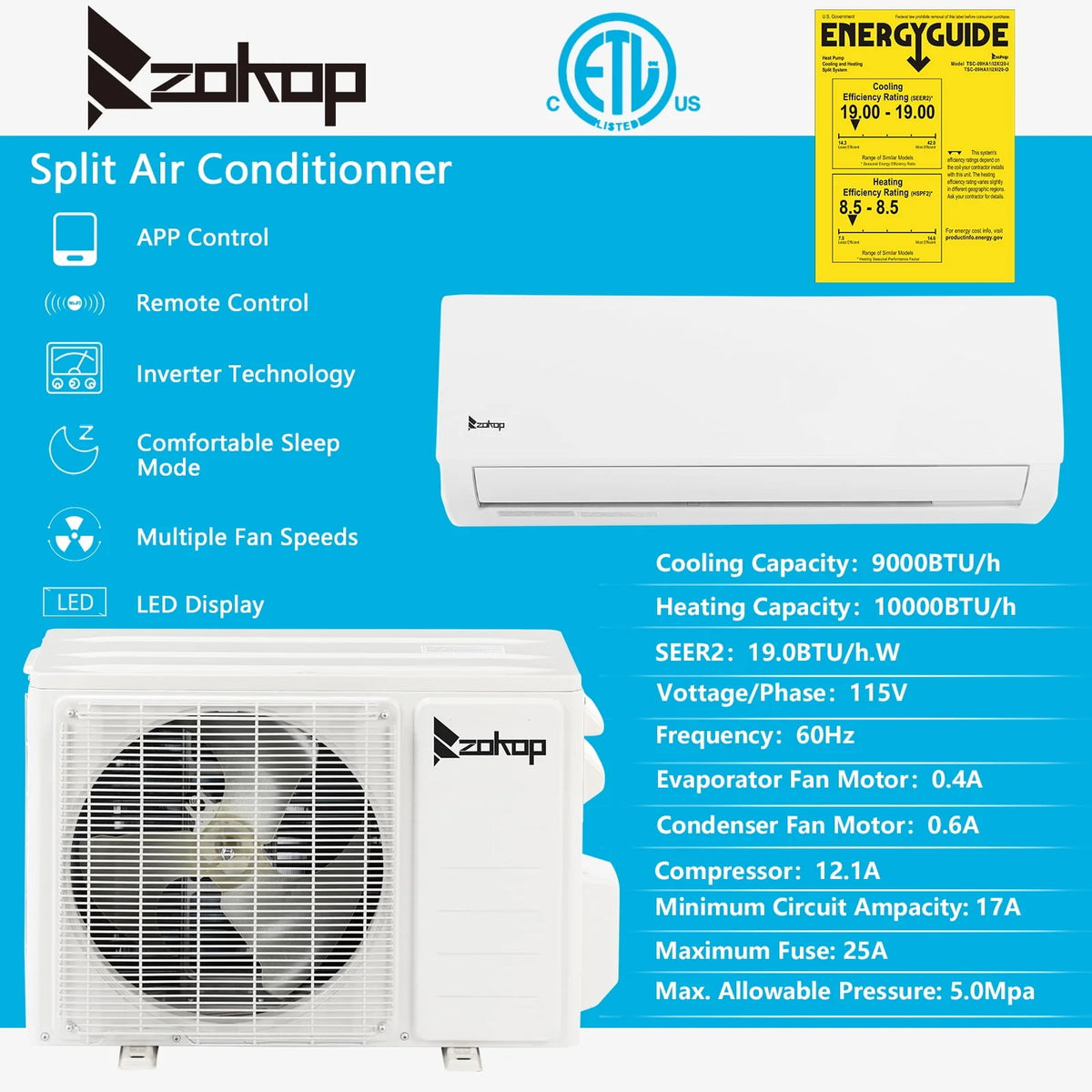 9000 BTU Wifi Enabled Mini Split Air Conditioner & Heater K82805