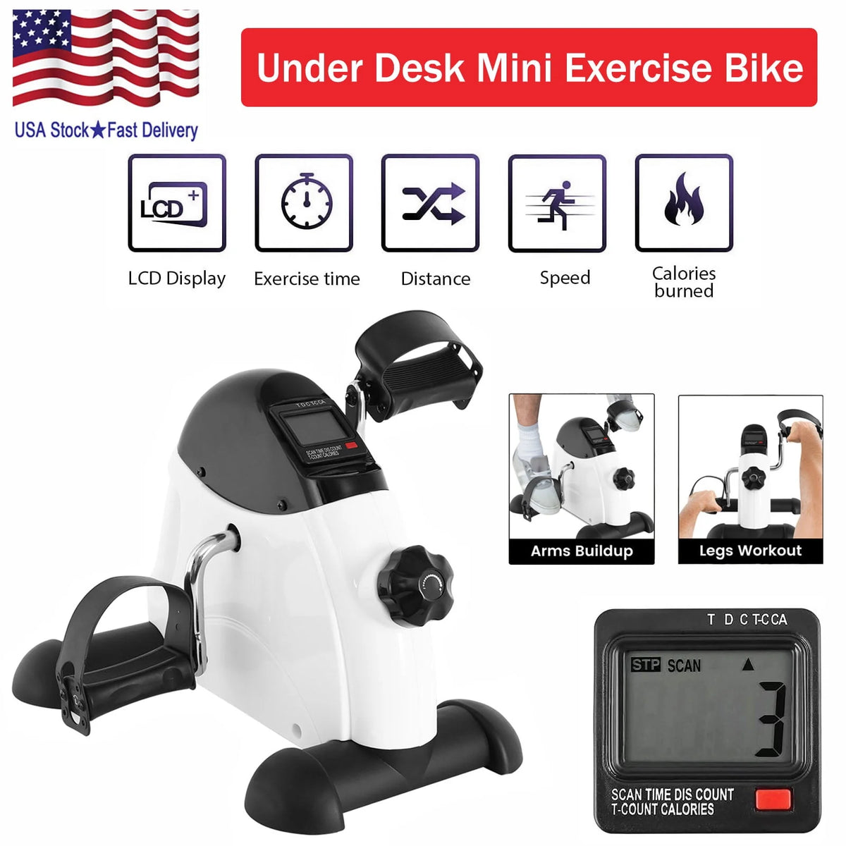 White Portable Under Desk Exercise Bike with LCD Screen O395716