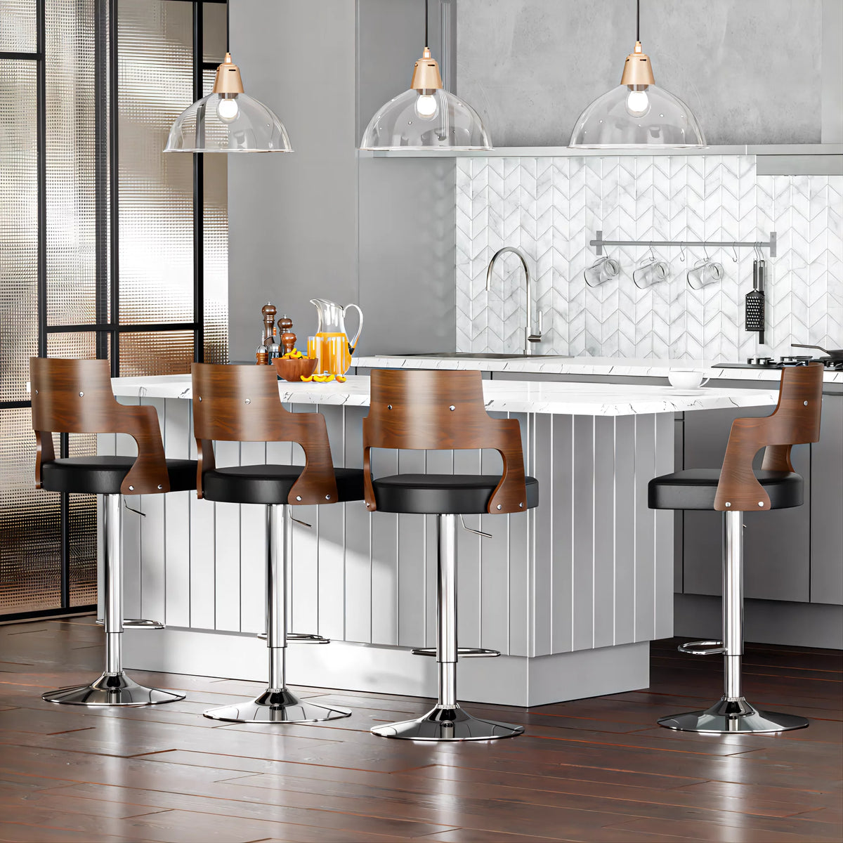 Walnut Bentwood Adjustable Swivel Bar Stools Set of 2 E566